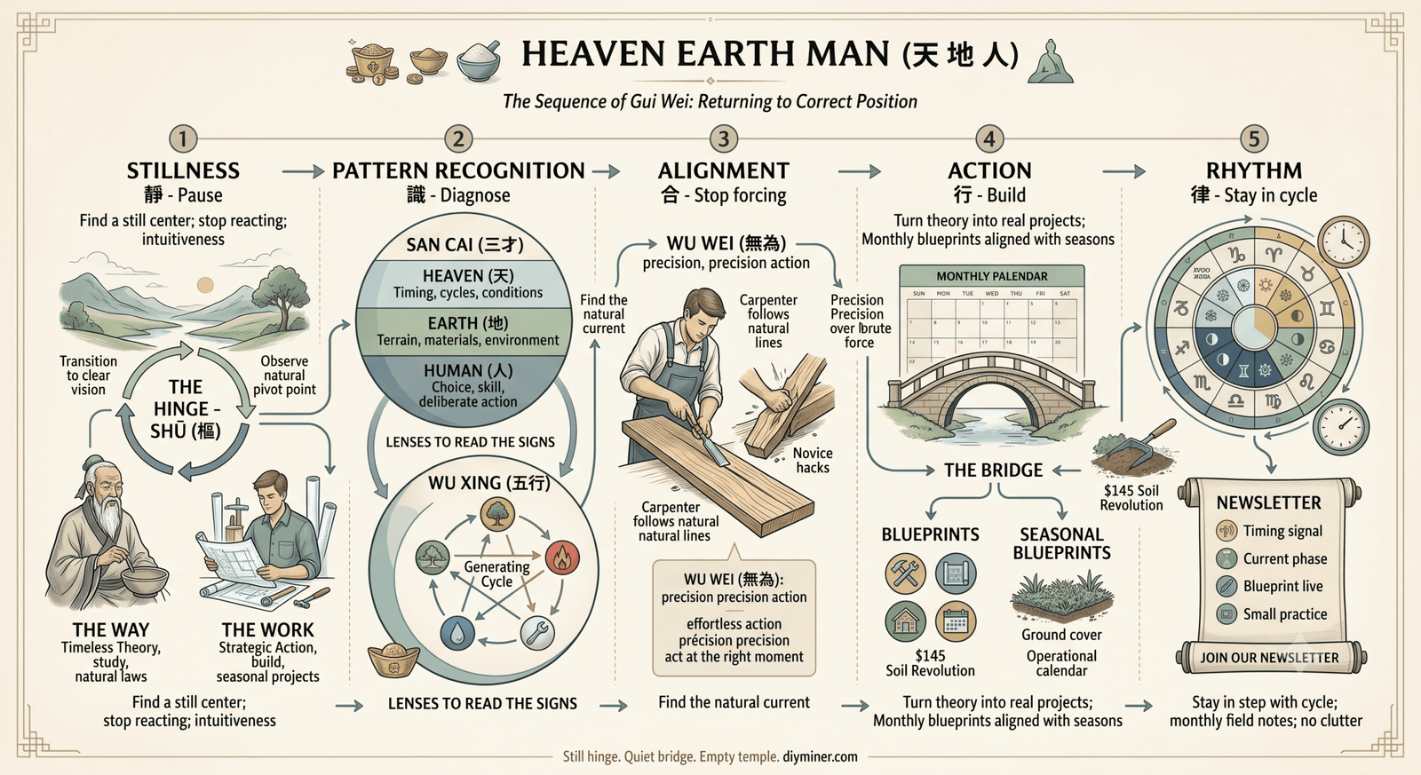 Heaven Earth Man — The Sequence of Gui Wei: Stillness, Pattern Recognition, Alignment, Action, and Rhythm. Returning to correct position through San Cai, Wu Wei, and Wu Xing.