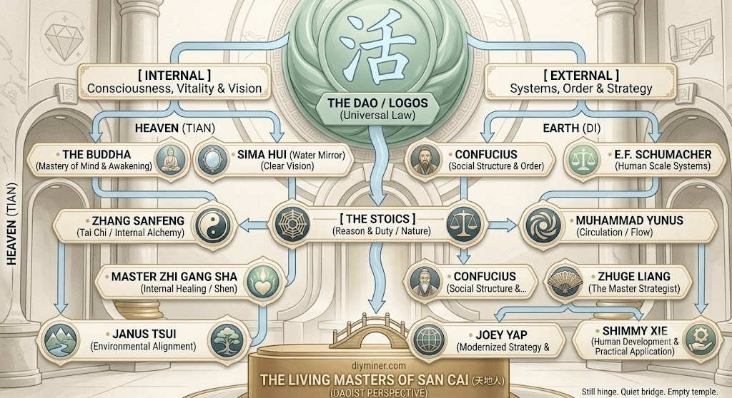 A strategic map connecting each Living Master to the Three Powers framework - Heaven, Earth, Man - and the methods they embody.